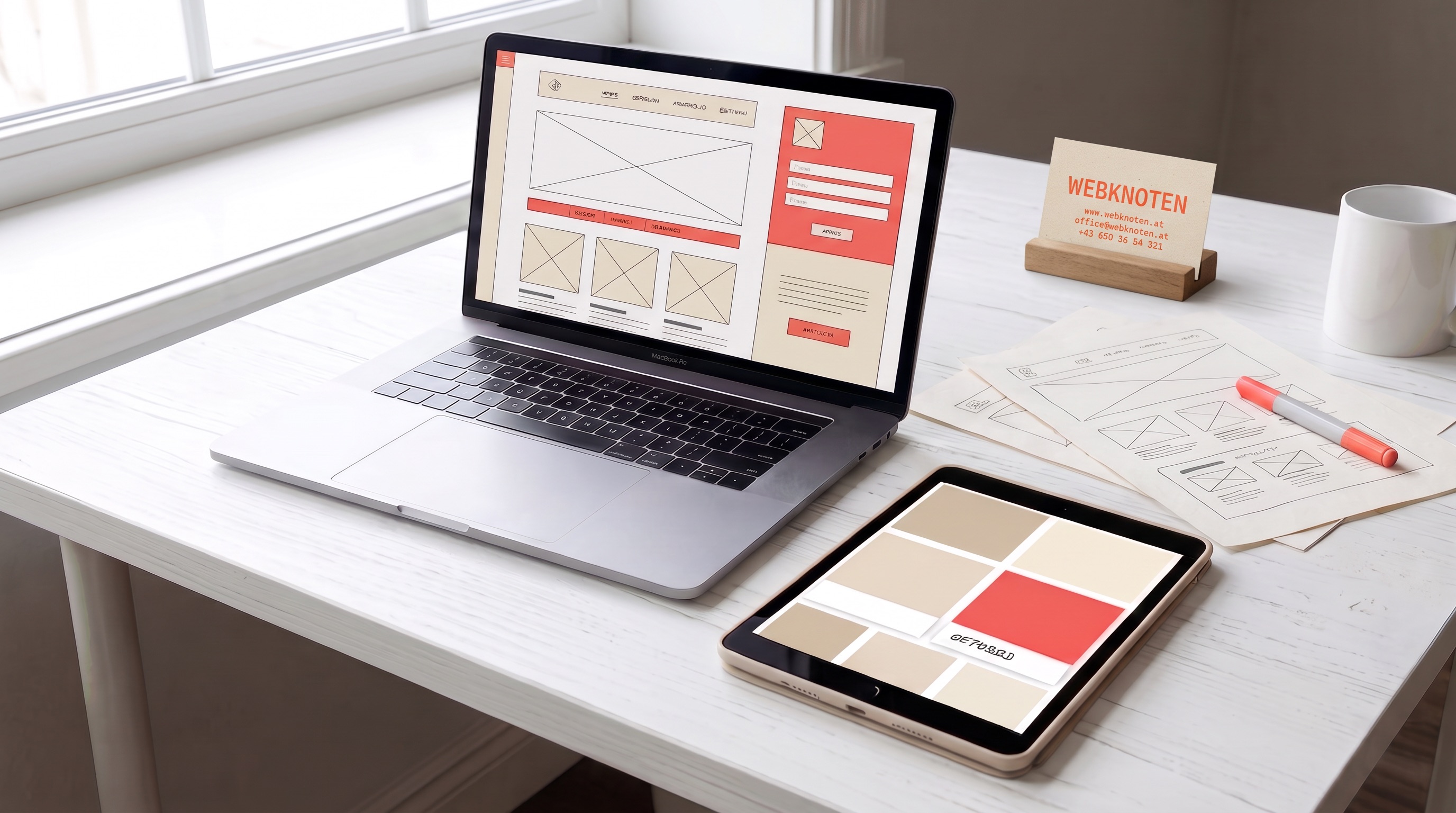 KI-generiertes Bild eines modernen Webdesign-Arbeitsplatz von WEBKNOTEN mit Laptop, Tablet, Wireframes und Visitenkarte für UX/UI Design und Webentwicklung von Webknoten.
